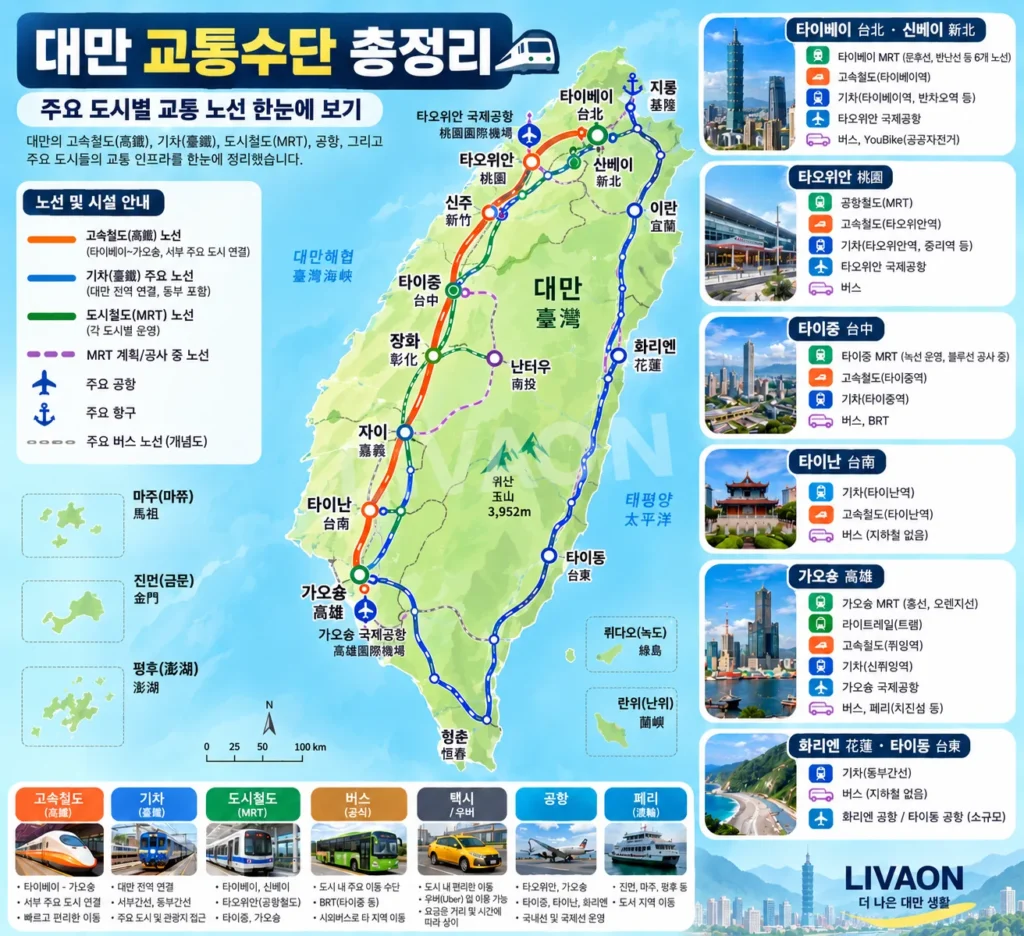 대만 주요 도시 고속철도 기차 MRT 교통 노선 지도